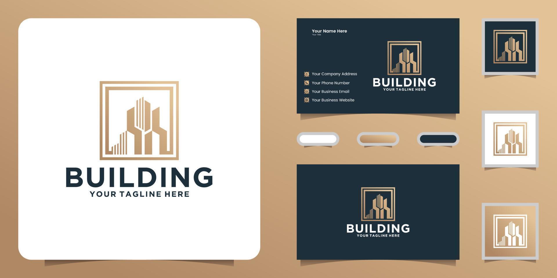 building logo design with square frame and business card inspiration vector