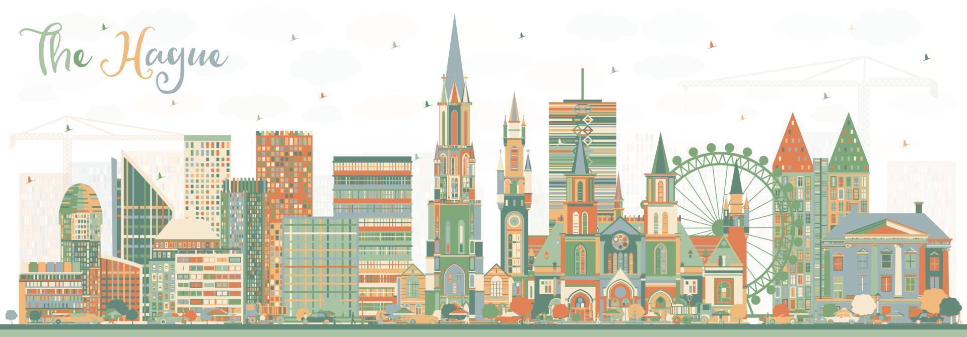 The Hague Netherlands City Skyline with Color Buildings. vector
