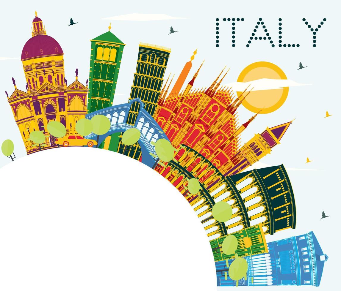 Italy City Skyline with Color Landmarks and Copy Space. vector