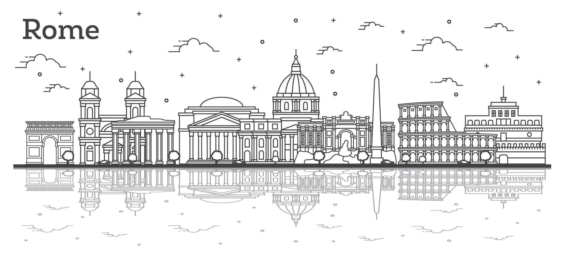 Outline Rome Italy City Skyline with Historic Buildings and Reflections Isolated on White. vector