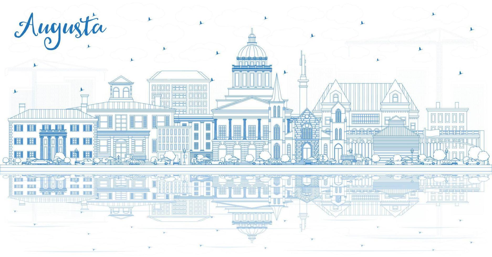 Outline Augusta Maine City Skyline with Blue Buildings and Reflections. vector