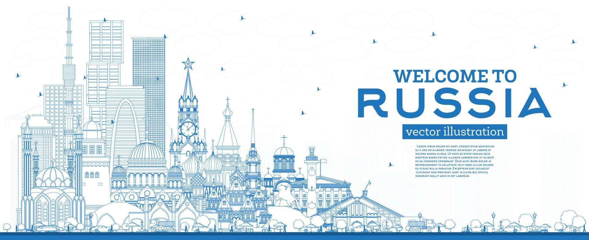 Outline Welcome to Russia Skyline with Blue Buildings. vector