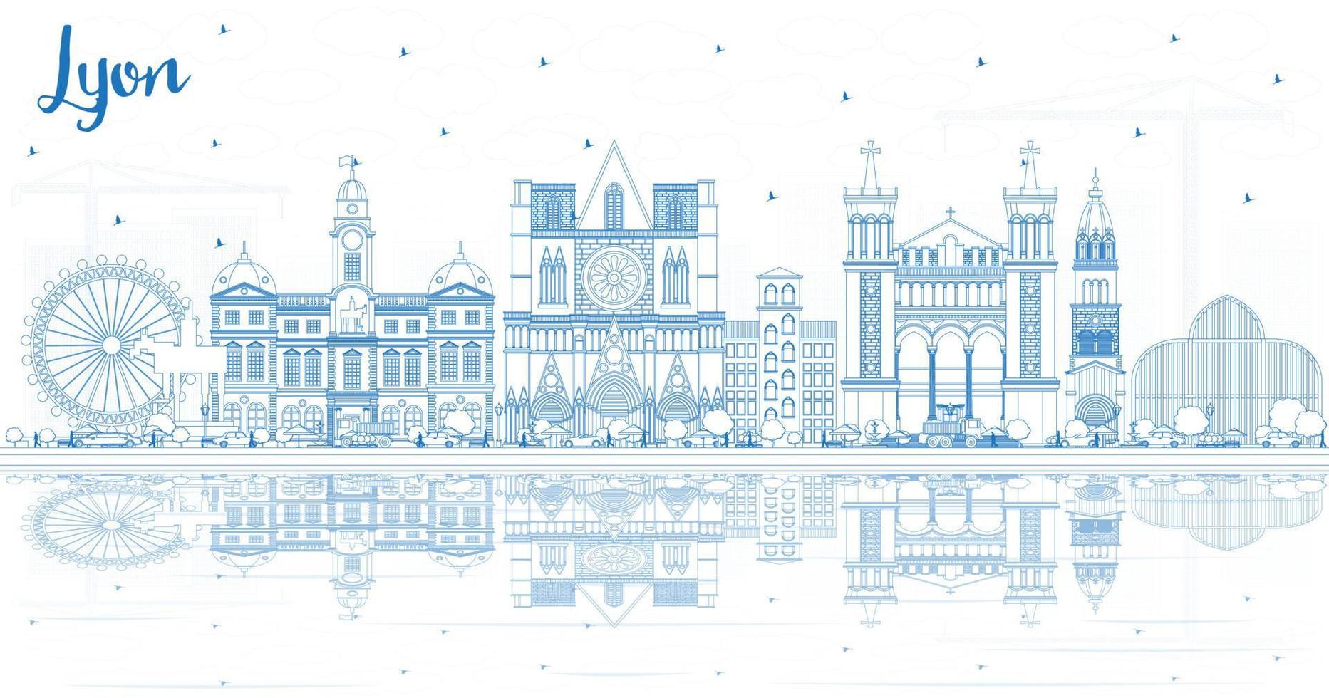 delinear el horizonte de la ciudad de lyon francia con edificios azules y reflejos. vector