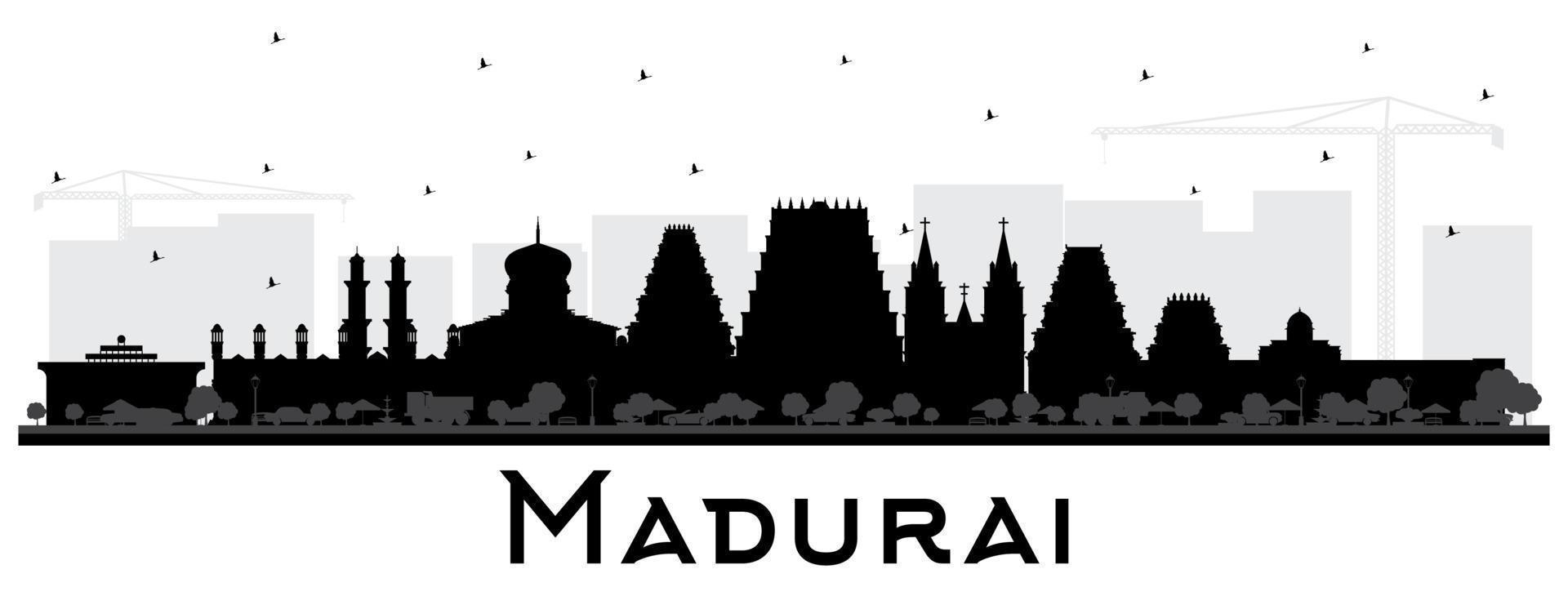 Madurai India City Skyline Silhouette with Black Buildings Isolated on White. vector