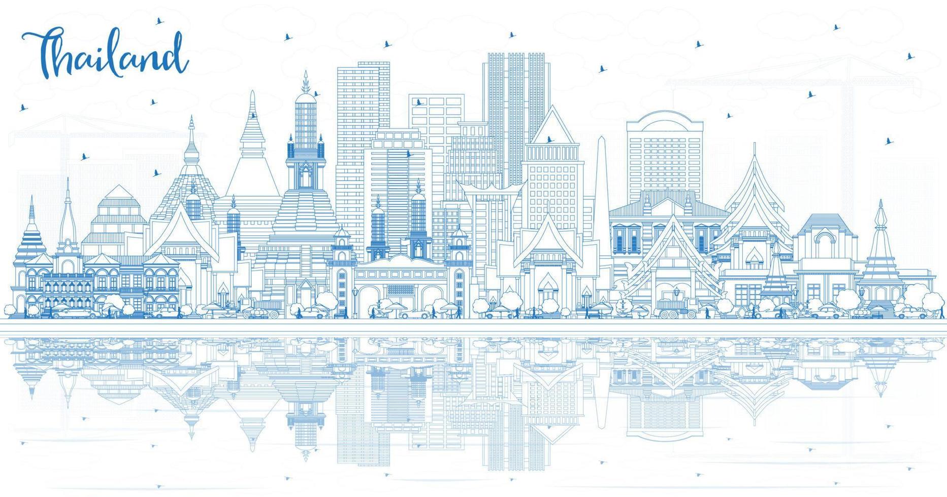 Outline Thailand City Skyline with Blue Buildings and Reflections. vector