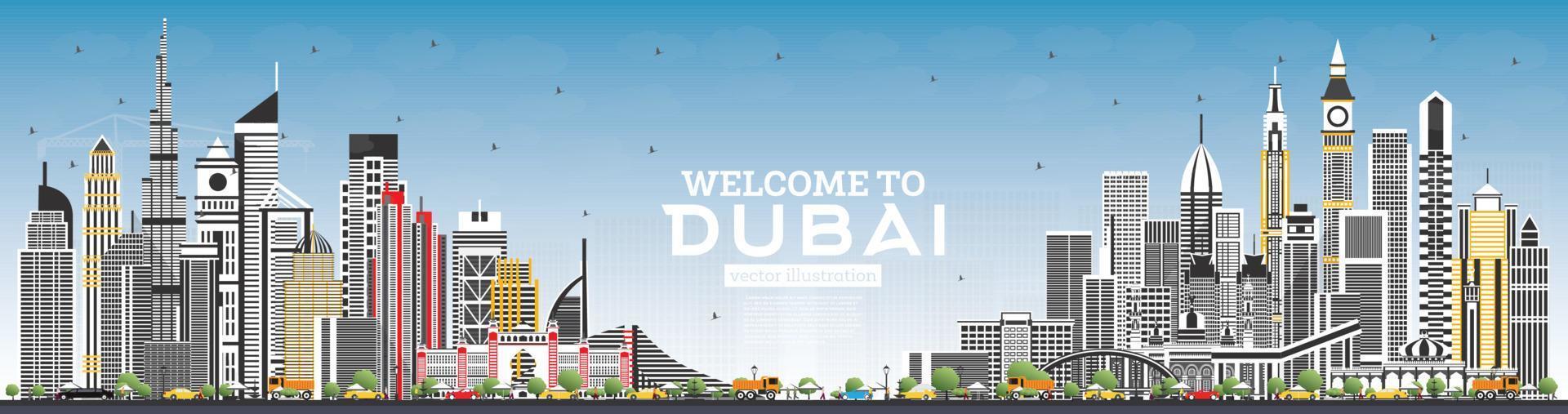 Welcome to Dubai UAE Skyline with Gray Buildings and Blue Sky. vector