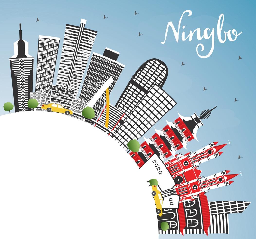 Ningbo China City Skyline with Color Buildings, Blue Sky and Copy Space. vector