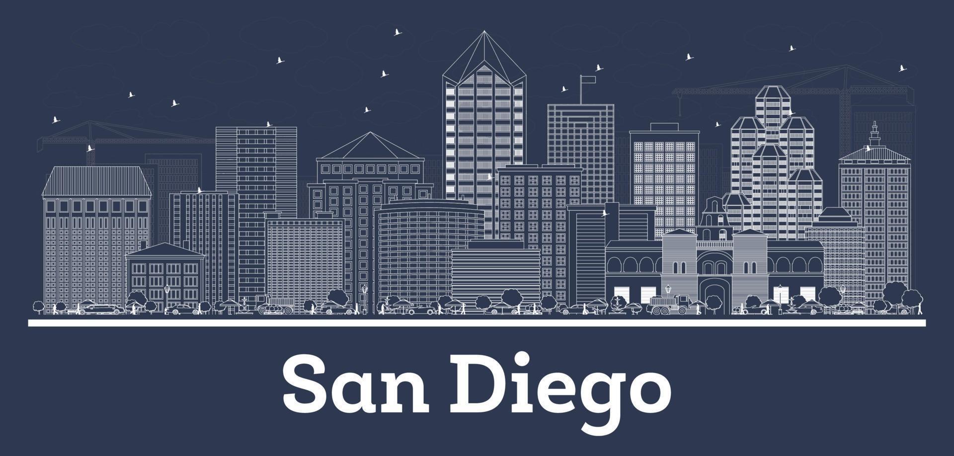 Outline San Diego California City Skyline with White Buildings. vector