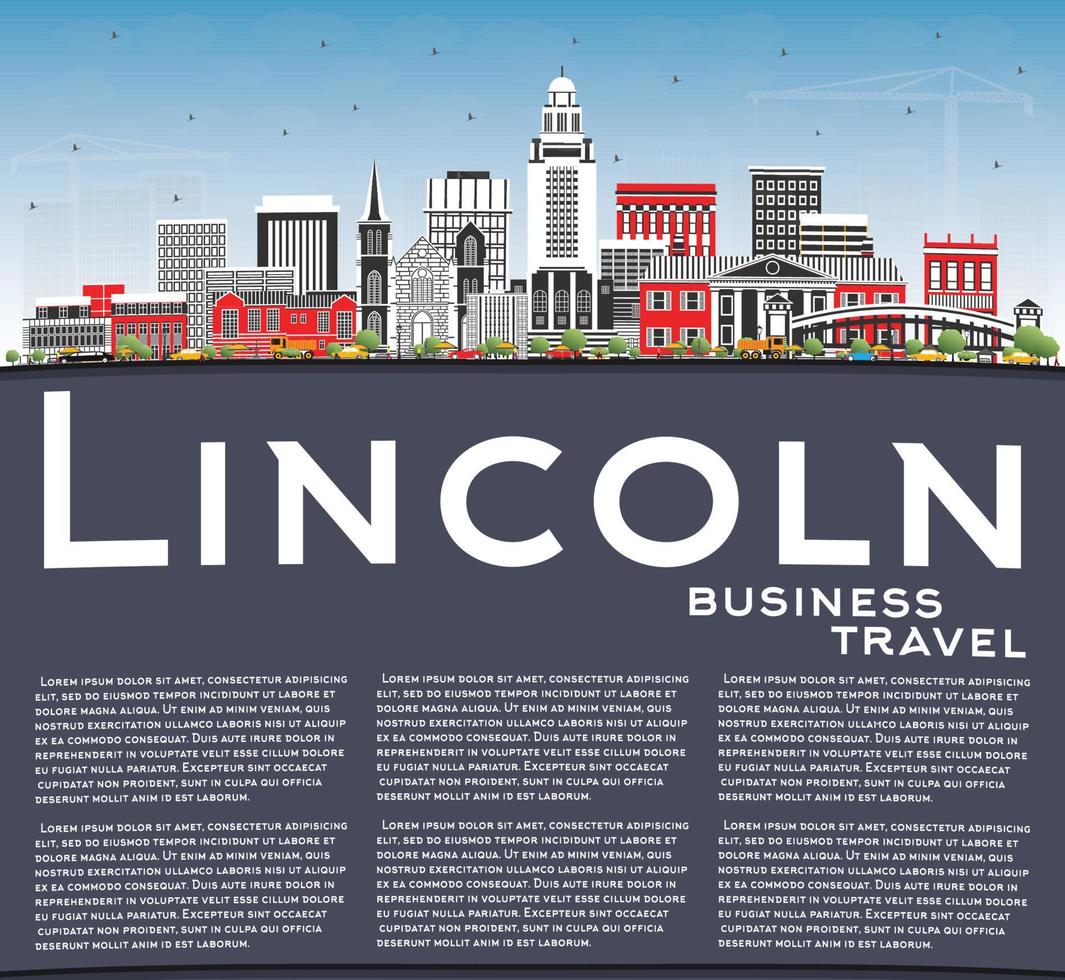 Lincoln Nebraska City Skyline with Color Buildings, Blue Sky and Copy Space. vector