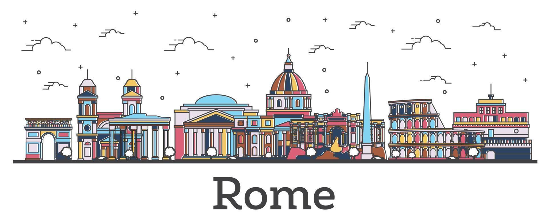 delinear el horizonte de la ciudad de roma italia con edificios de color aislados en blanco. vector