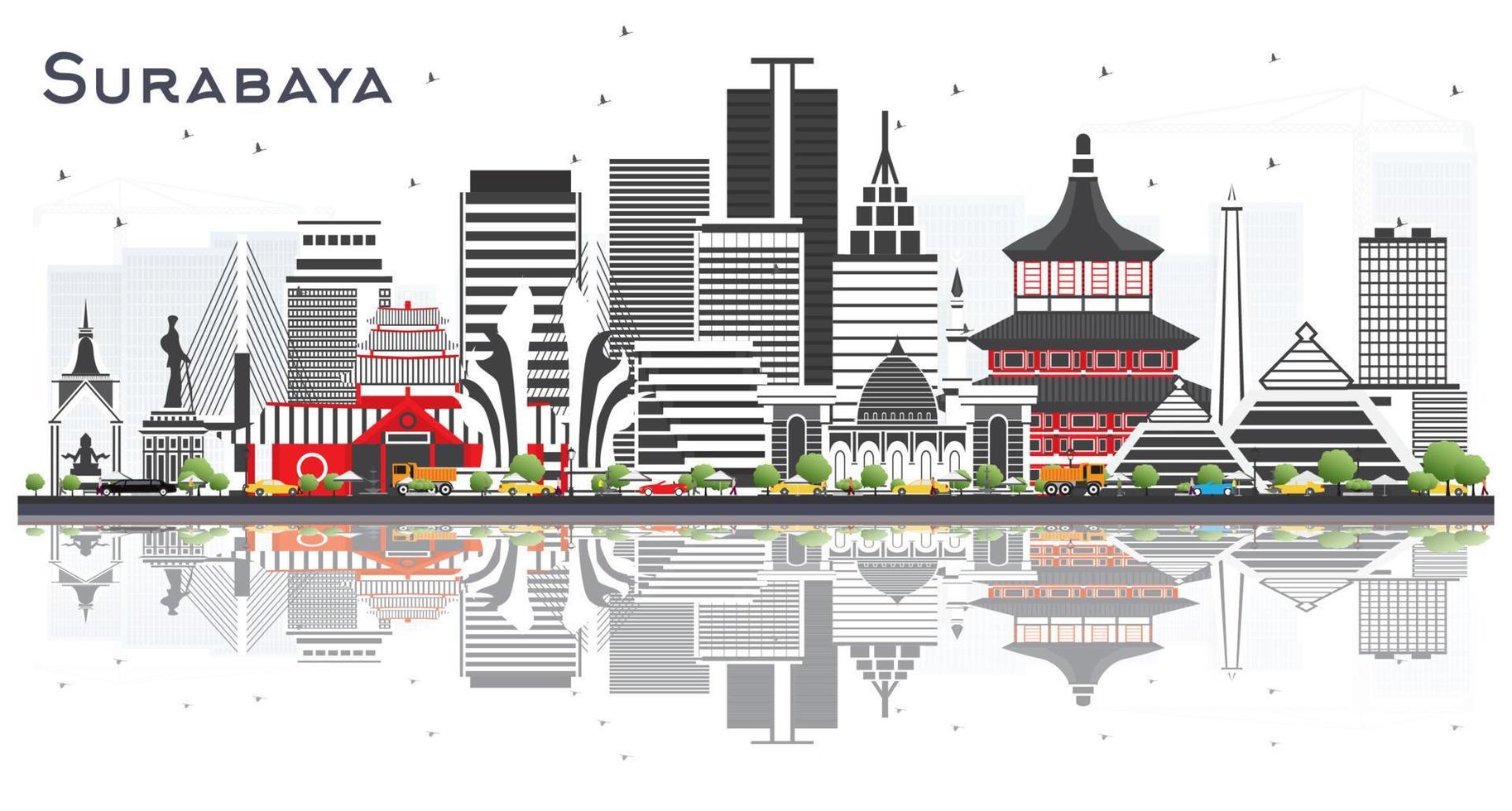Surabaya Indonesia Skyline with Gray Buildings and Reflections Isolted on White. vector