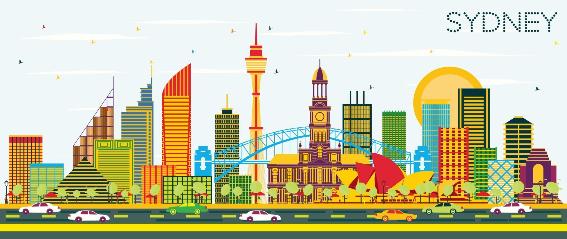 Sydney Australia City Skyline with Color Buildings and Blue Sky. vector