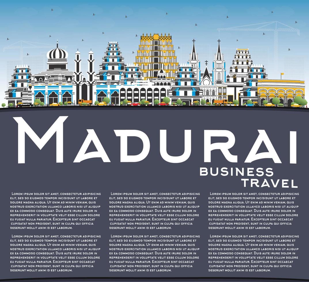 Madurai India City Skyline with Color Buildings, Blue Sky and Copy Space. vector