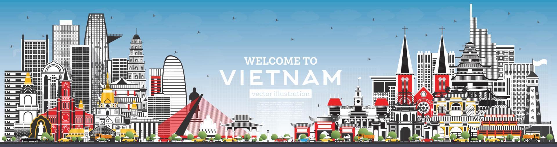 Welcome to Vietnam Skyline with Gray Buildings and Blue Sky. vector