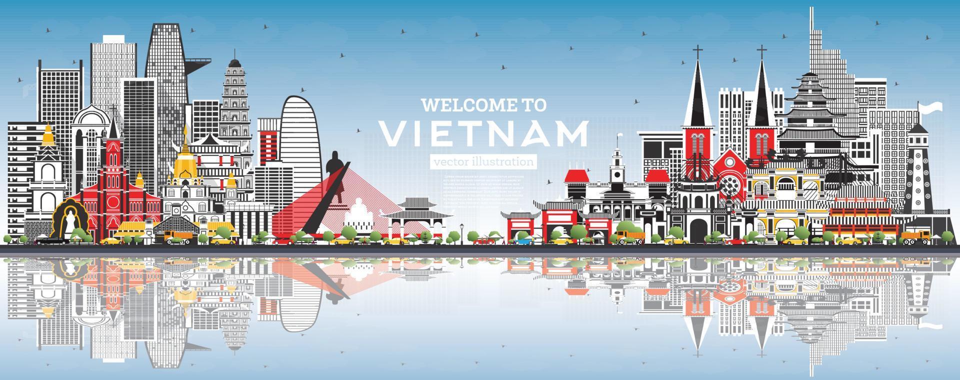 Welcome to Vietnam Skyline with Gray Buildings and Blue Sky. vector