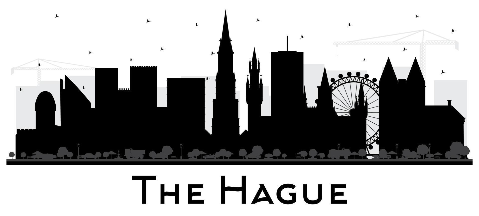 The Hague Netherlands City Skyline Silhouette with Black Buildings Isolated on White. vector