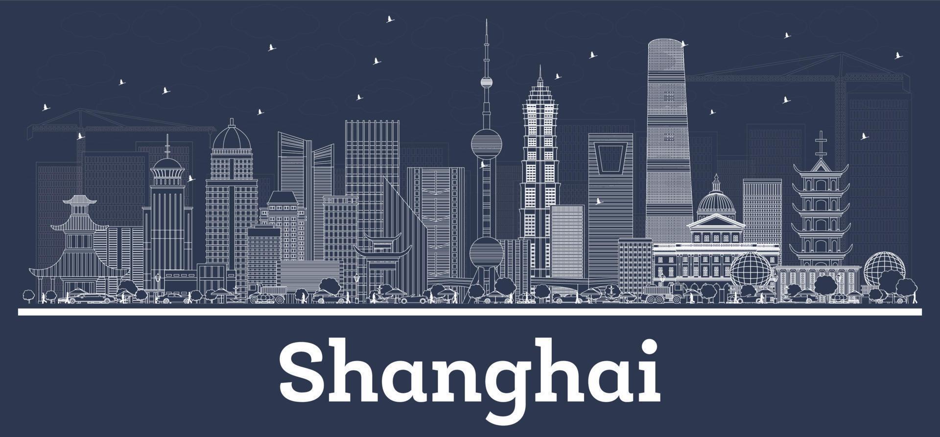 Outline Shanghai China City Skyline with White Buildings. vector