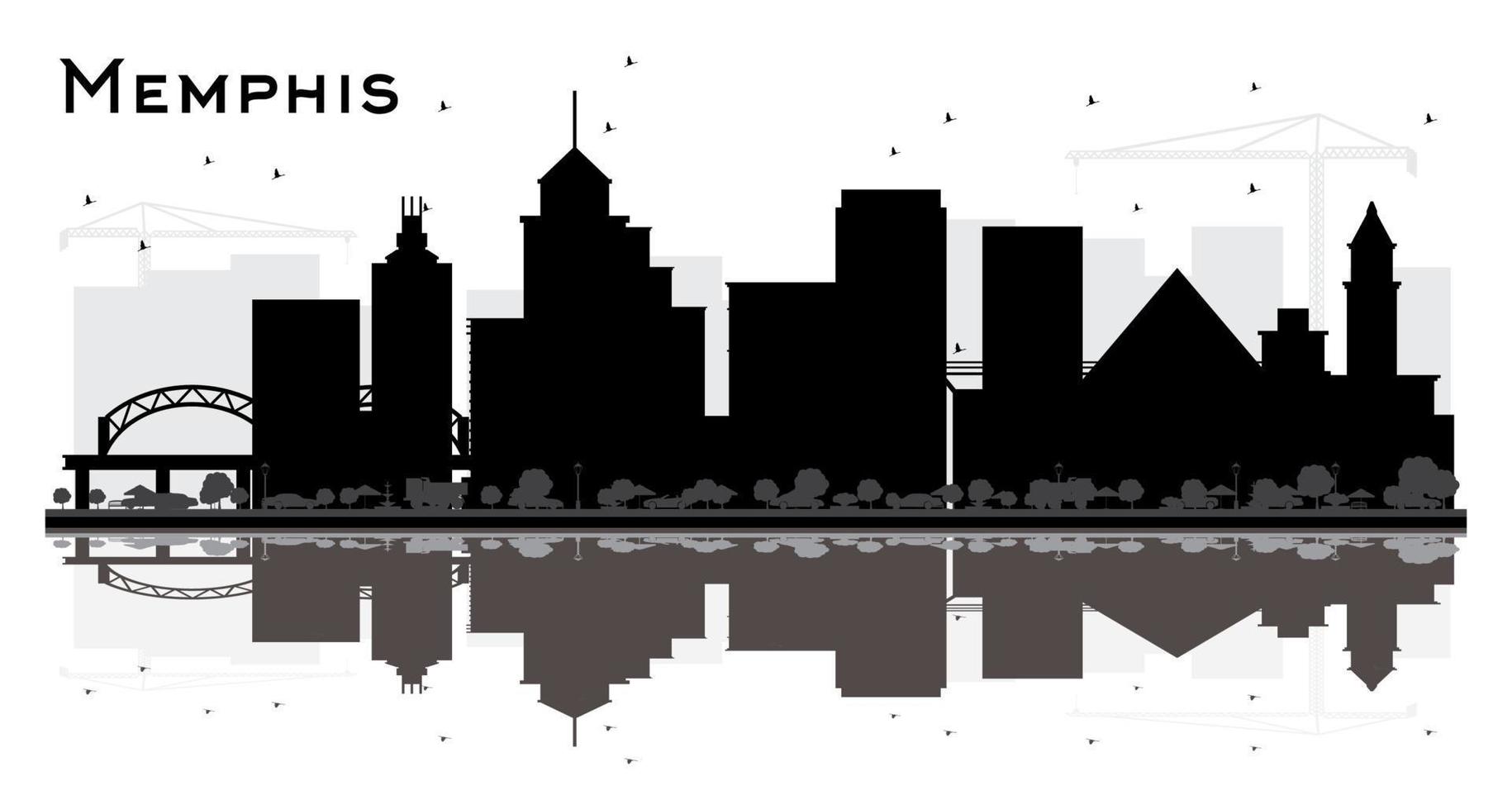 silueta del horizonte de memphis tennessee con edificios negros y reflejos aislados en blanco. vector