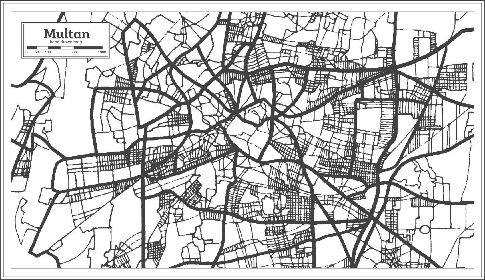 mapa de la ciudad de multan pakistán en estilo retro en color blanco y negro. esquema del mapa. vector