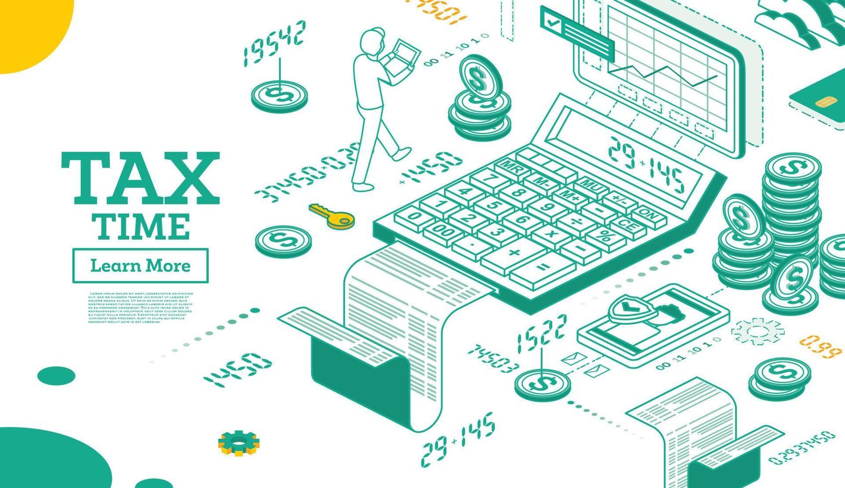 Tax Concept in Isometric 3d Style. Cash Coin Money in Stacks and Calculator Isolated on White. vector