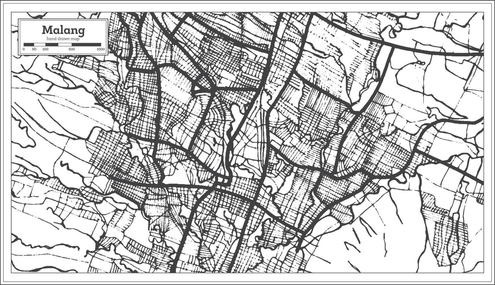 mapa de la ciudad de malang indonesia en color blanco y negro. esquema del mapa. vector