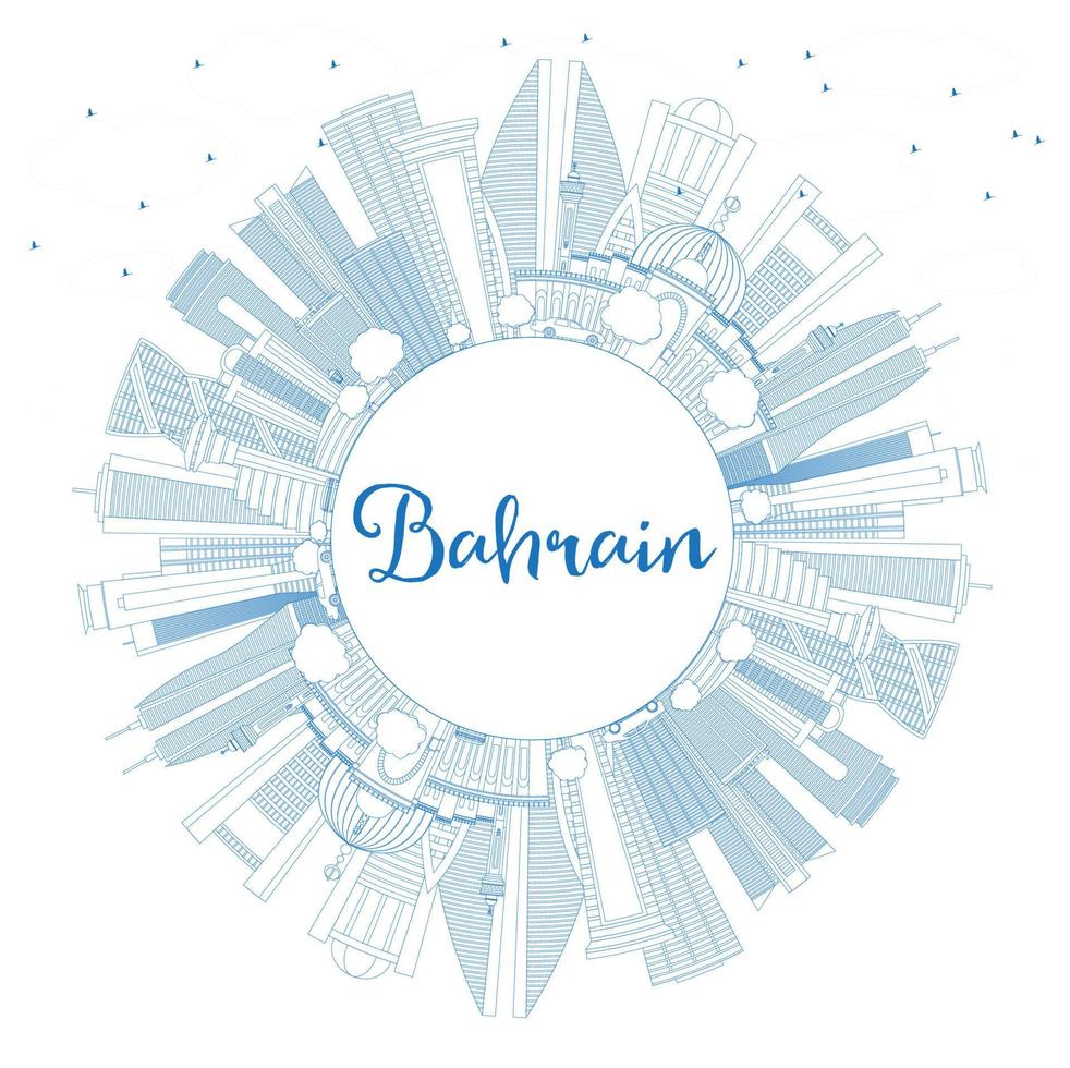 Outline Bahrain City Skyline with Blue Buildings and Copy Space. vector