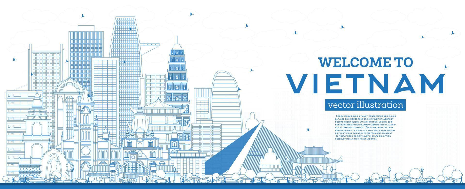 Outline Welcome to Vietnam Skyline with Blue Buildings. vector