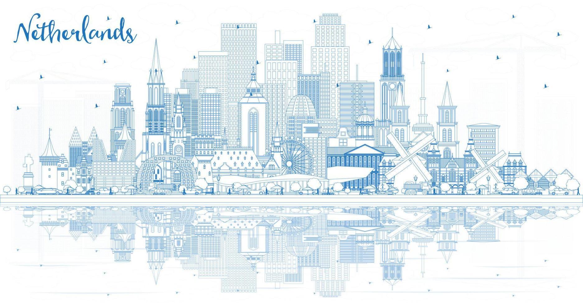 Outline Netherlands Skyline with Blue Buildings. vector