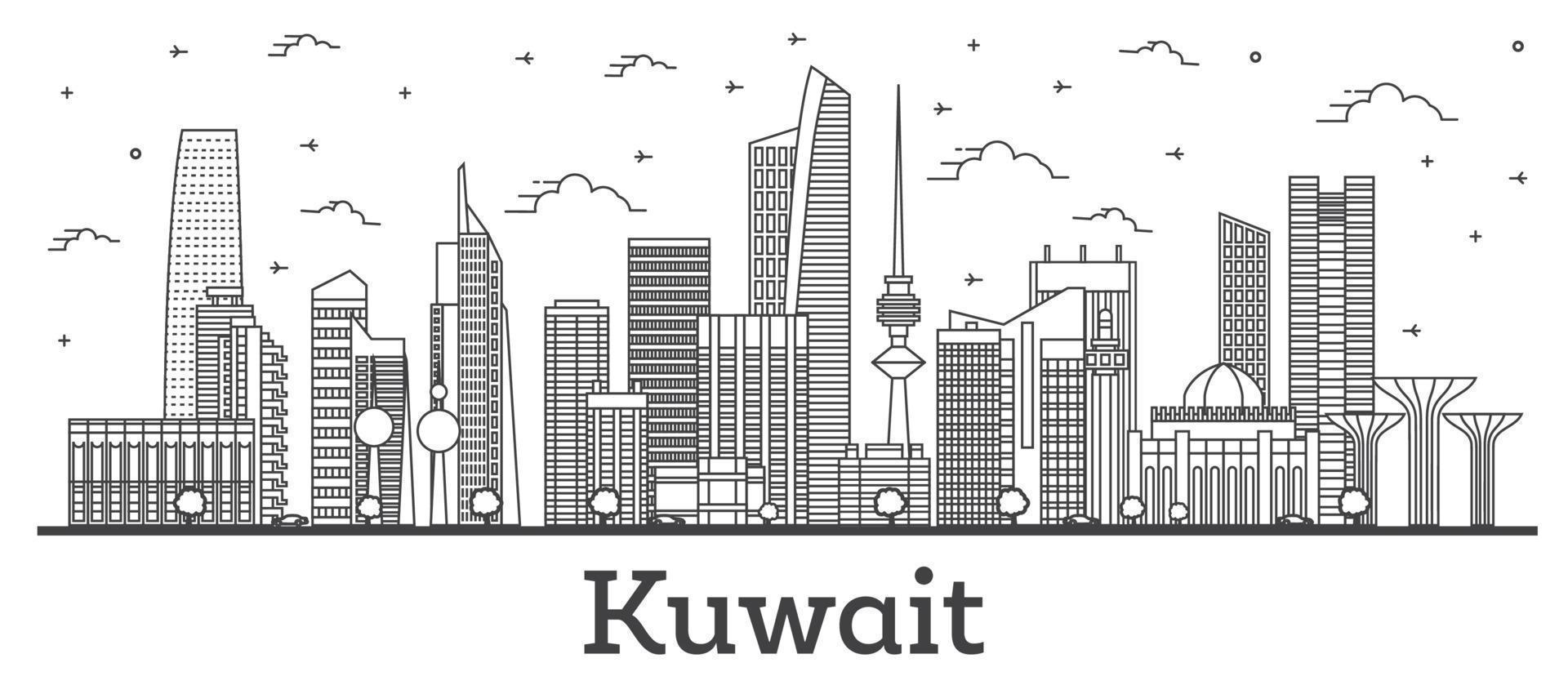 Outline Kuwait City Skyline with Modern Buildings Isolated on White. vector
