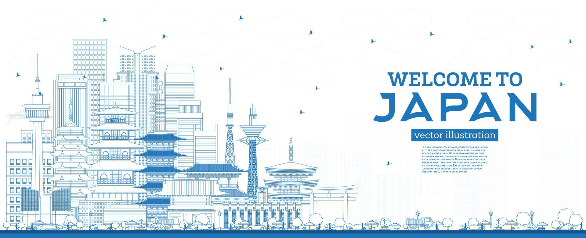 Outline Welcome to Japan Skyline with Blue Buildings. vector