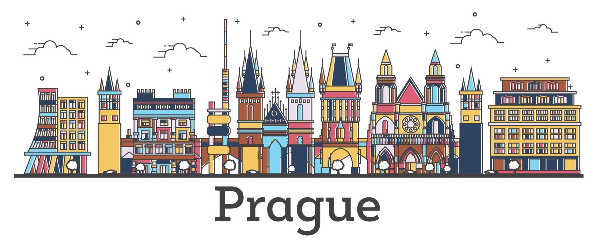 Outline Prague Czech Republic City Skyline with Color Buildings Isolated on White. vector