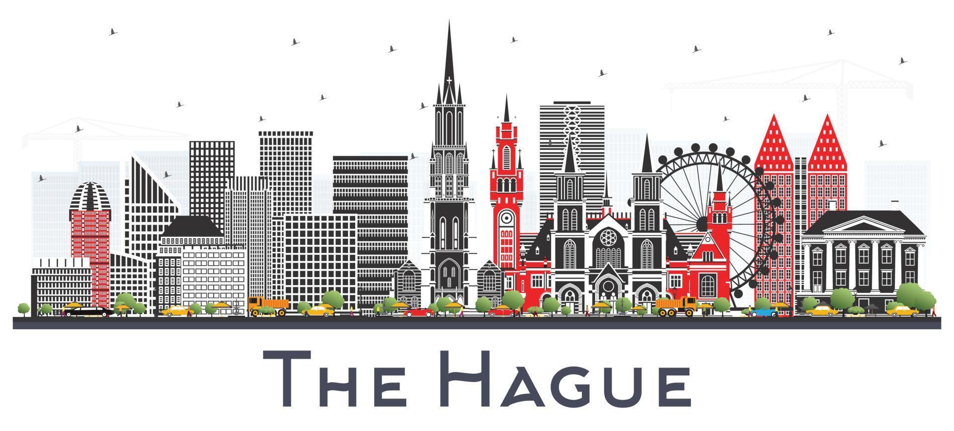 The Hague Netherlands City Skyline with Color Buildings Isolated on White. vector