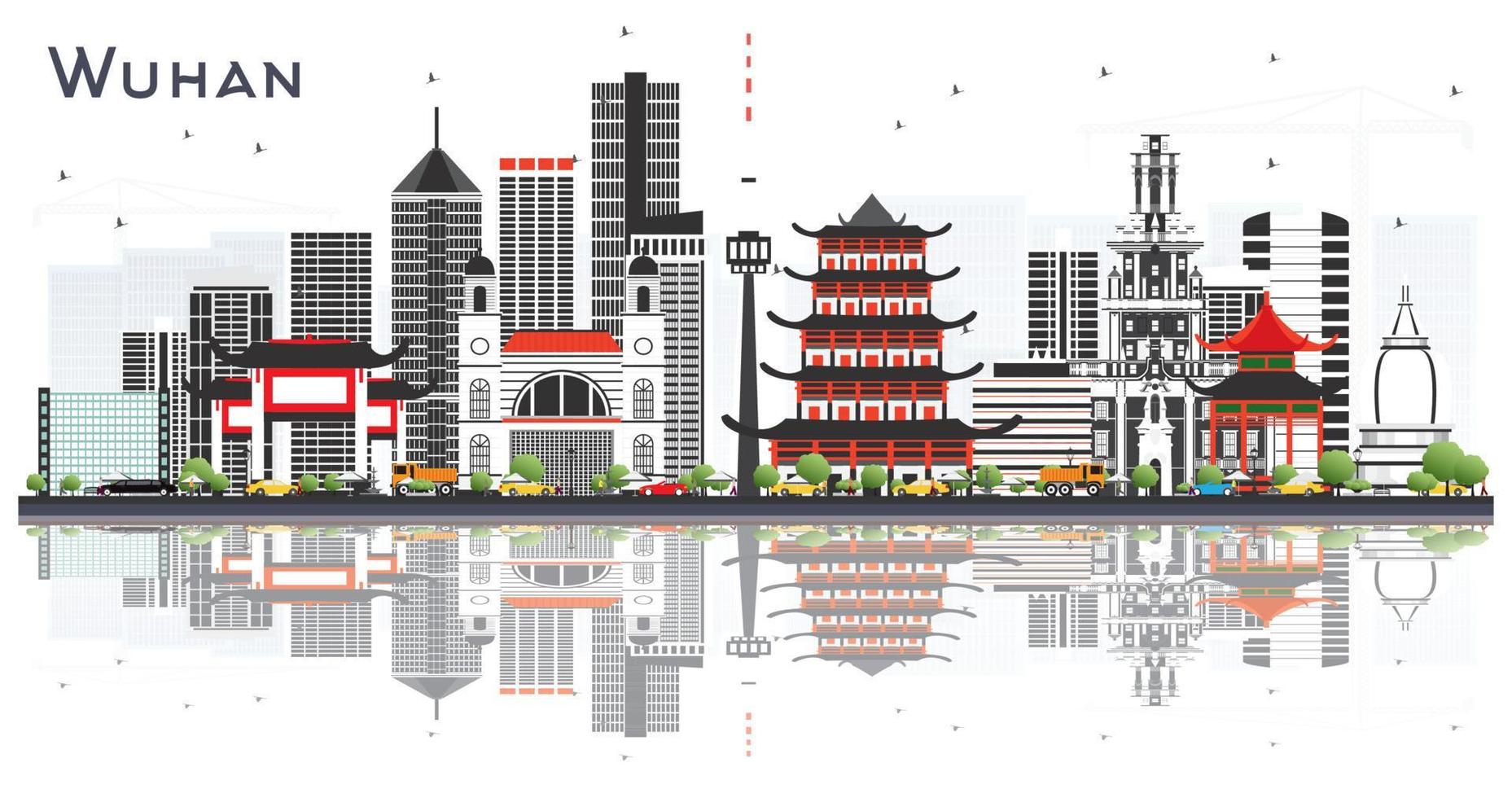 horizonte de la ciudad de wuhan china con edificios grises y reflejos aislados en blanco. vector