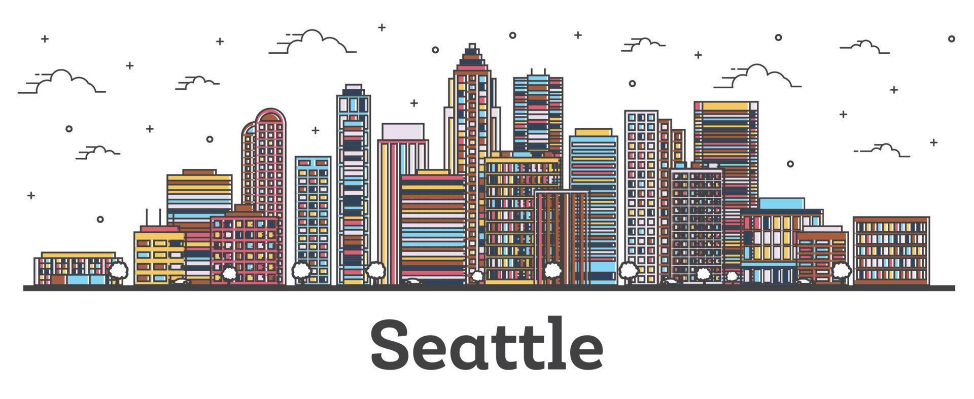 delinear el horizonte de la ciudad de seattle washington con edificios de color aislados en blanco. vector