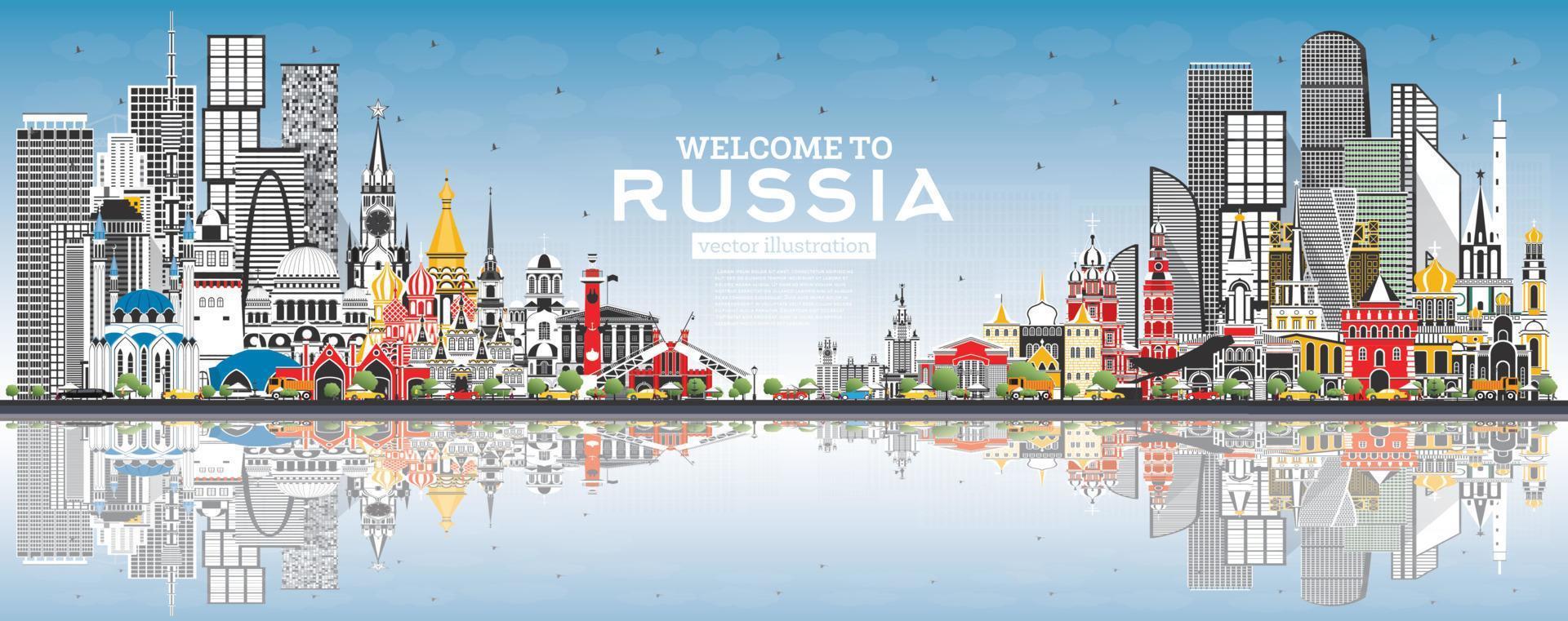 Welcome to Russia Skyline with Gray Buildings and Blue Sky. vector