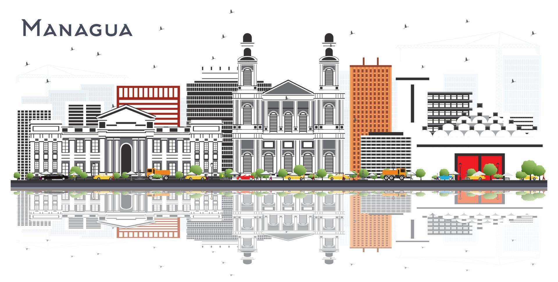 Managua Nicaragua Skyline with Gray Buildings and Reflections Isolated on White. vector