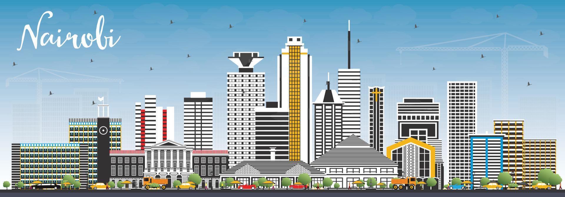 Nairobi Kenya City Skyline with Color Buildings and Blue Sky. vector