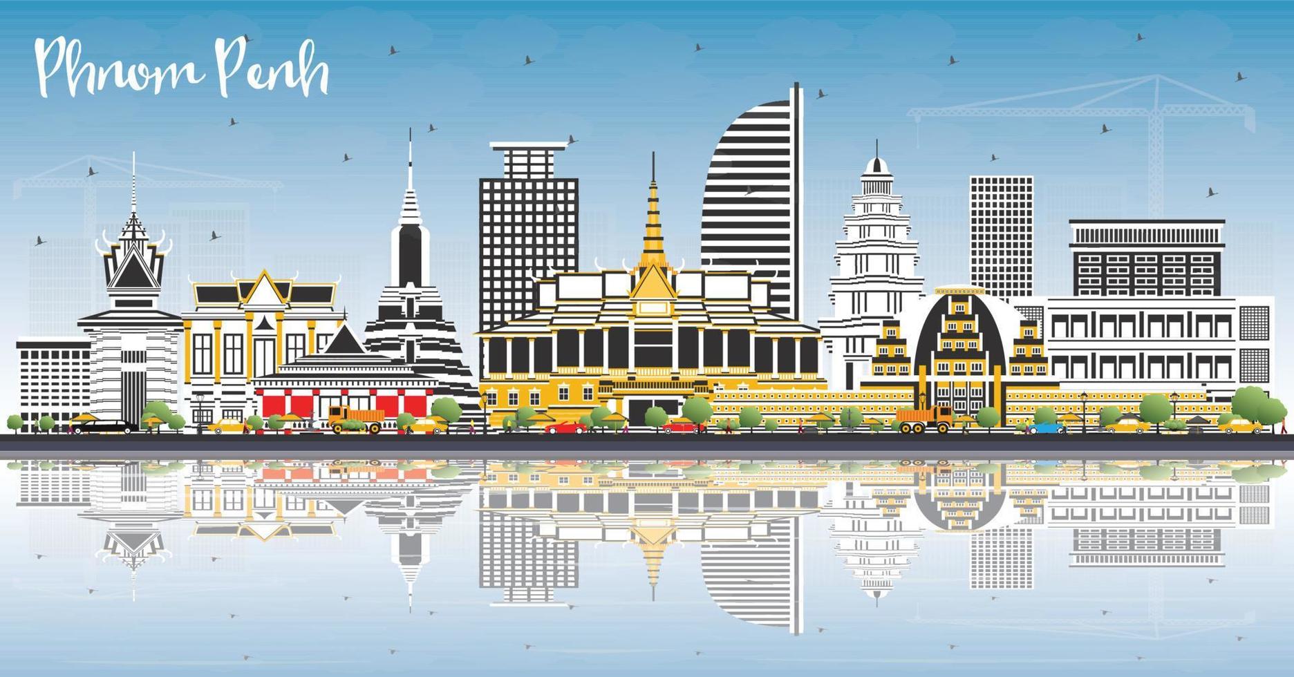 Phnom Penh Cambodia City Skyline with Color Buildings, Blue Sky and Reflections. vector