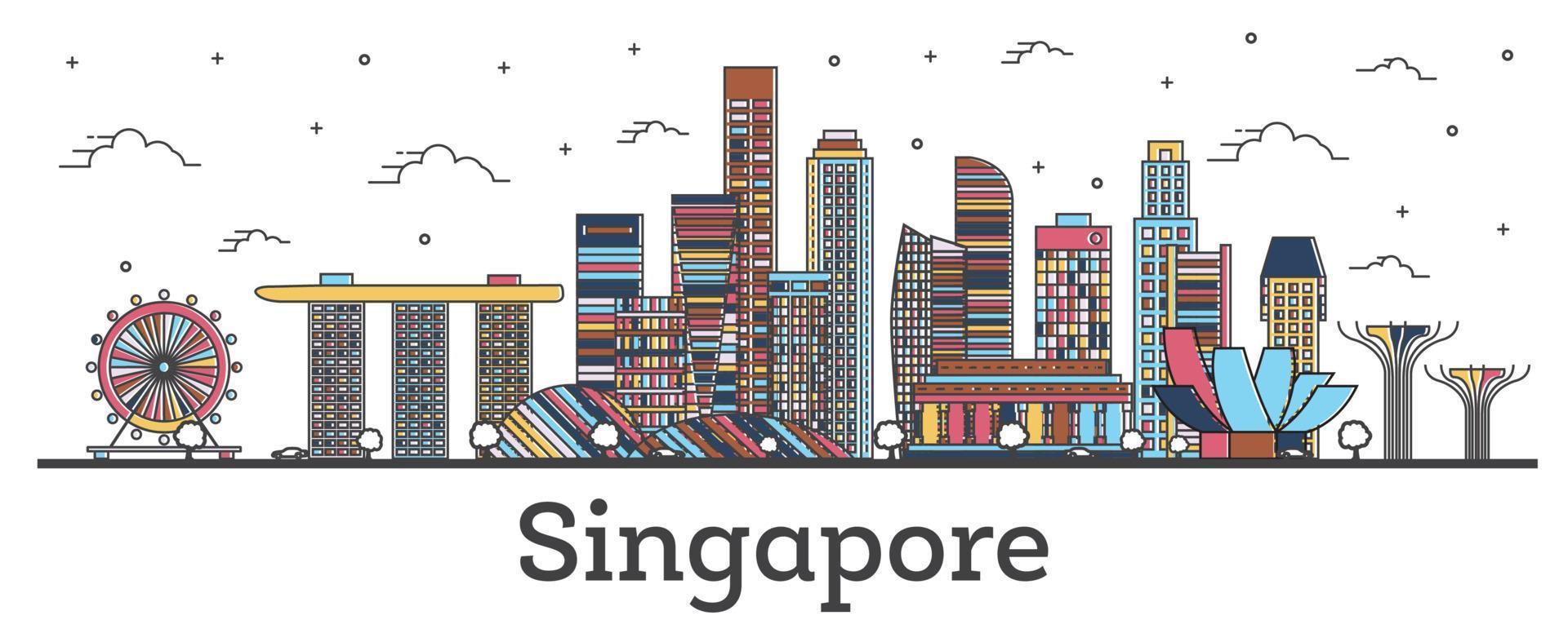Outline Singapore City Skyline with Color Buildings Isolated on White. vector