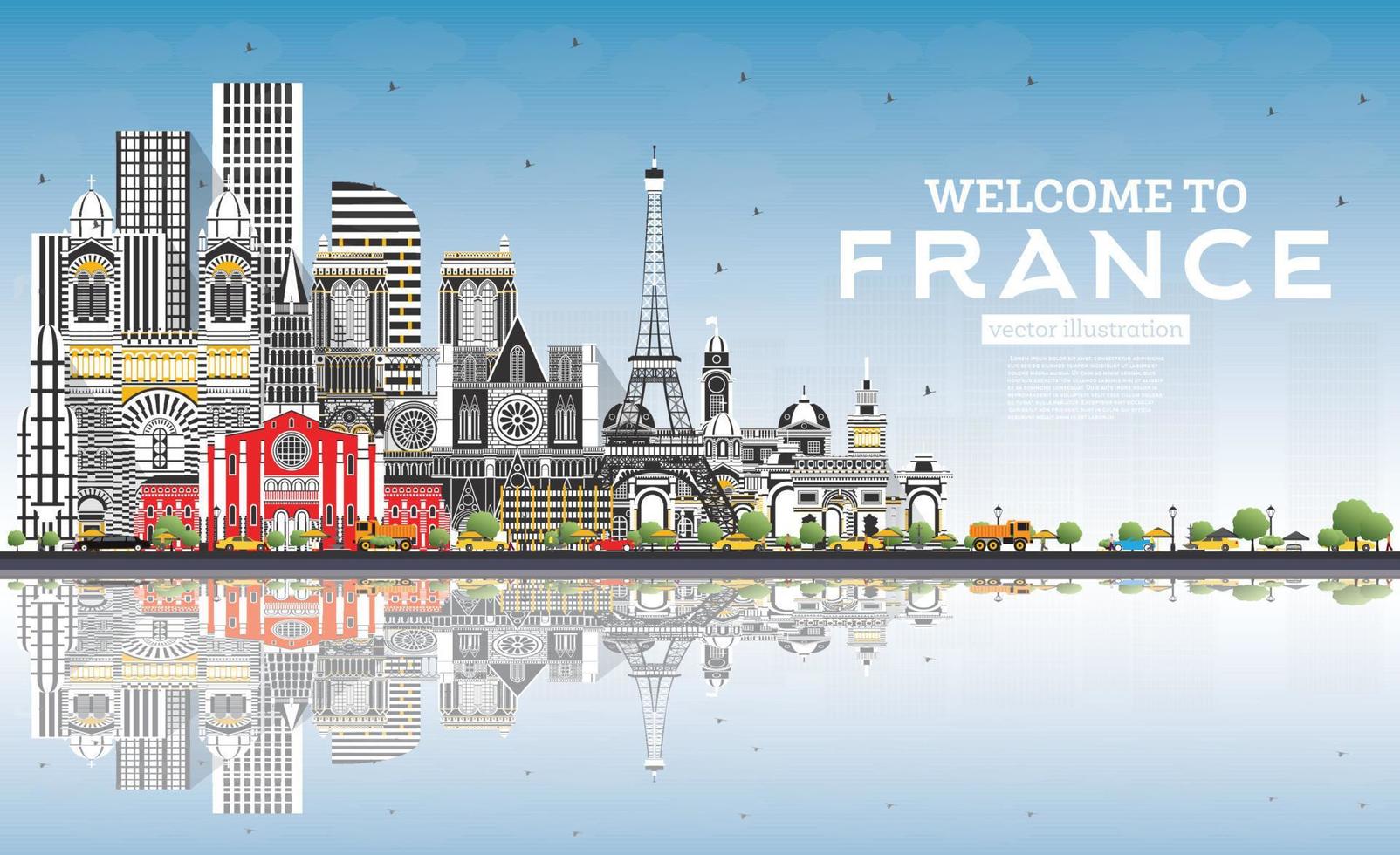 Welcome to France Skyline with Gray Buildings and Blue Sky. vector