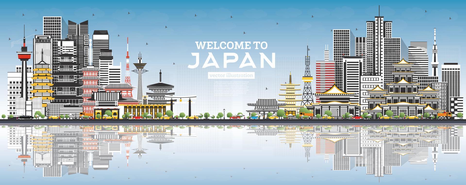 Welcome to Japan Skyline with Gray Buildings and Blue Sky. vector