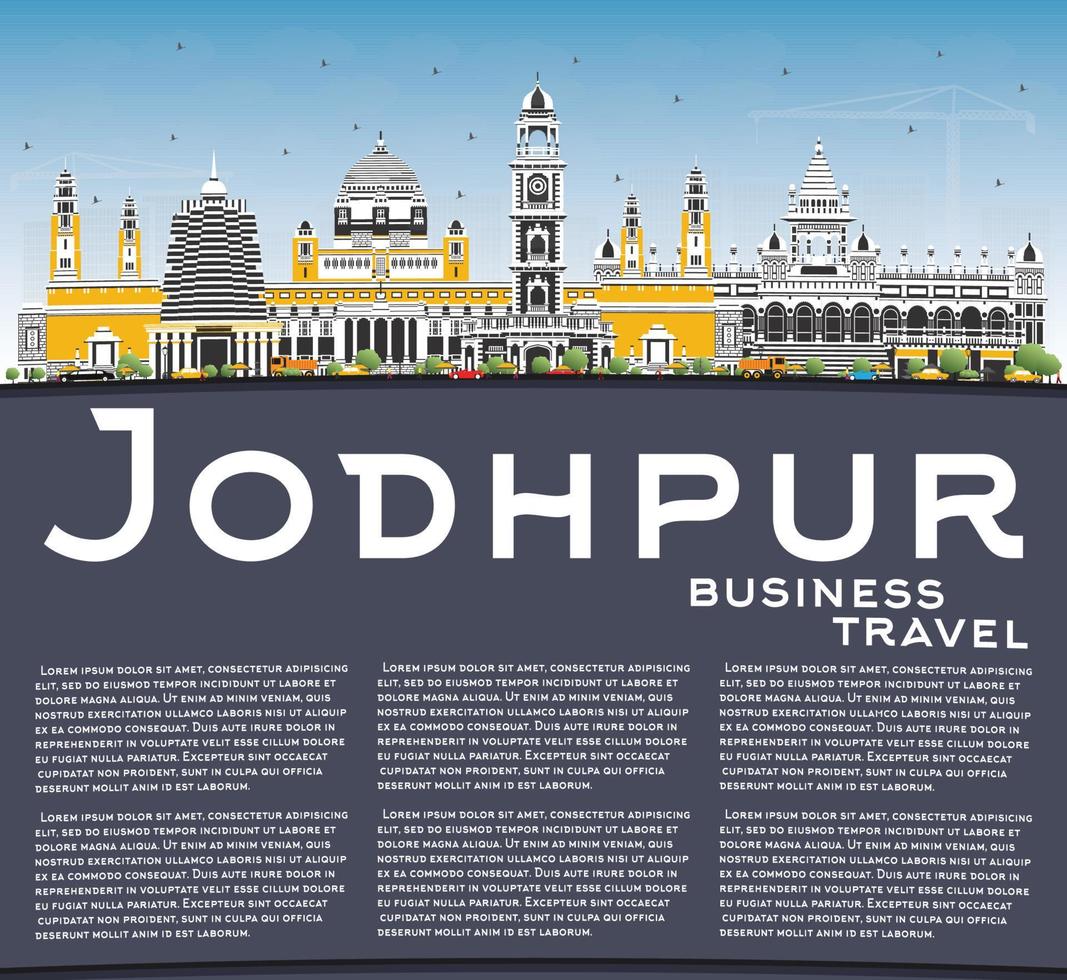 Jodhpur India City Skyline with Color Buildings, Blue Sky and Copy Space. vector