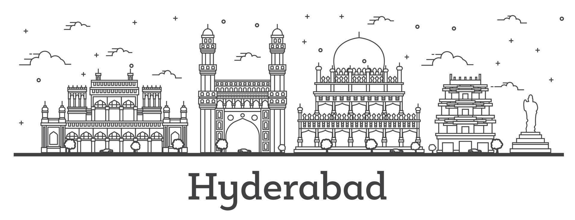 esbozar el horizonte de la ciudad de hyderabad india con edificios históricos aislados en blanco. vector