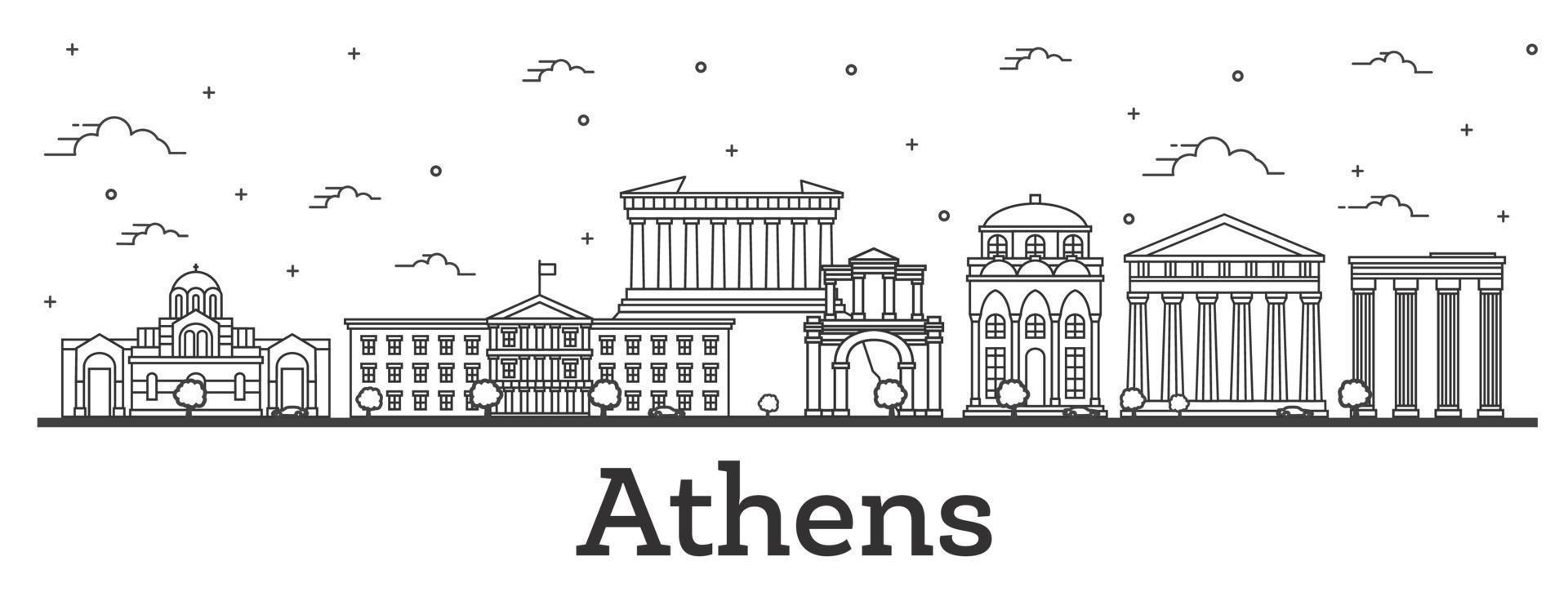 delinear el horizonte de la ciudad de atenas grecia con edificios históricos aislados en blanco. vector