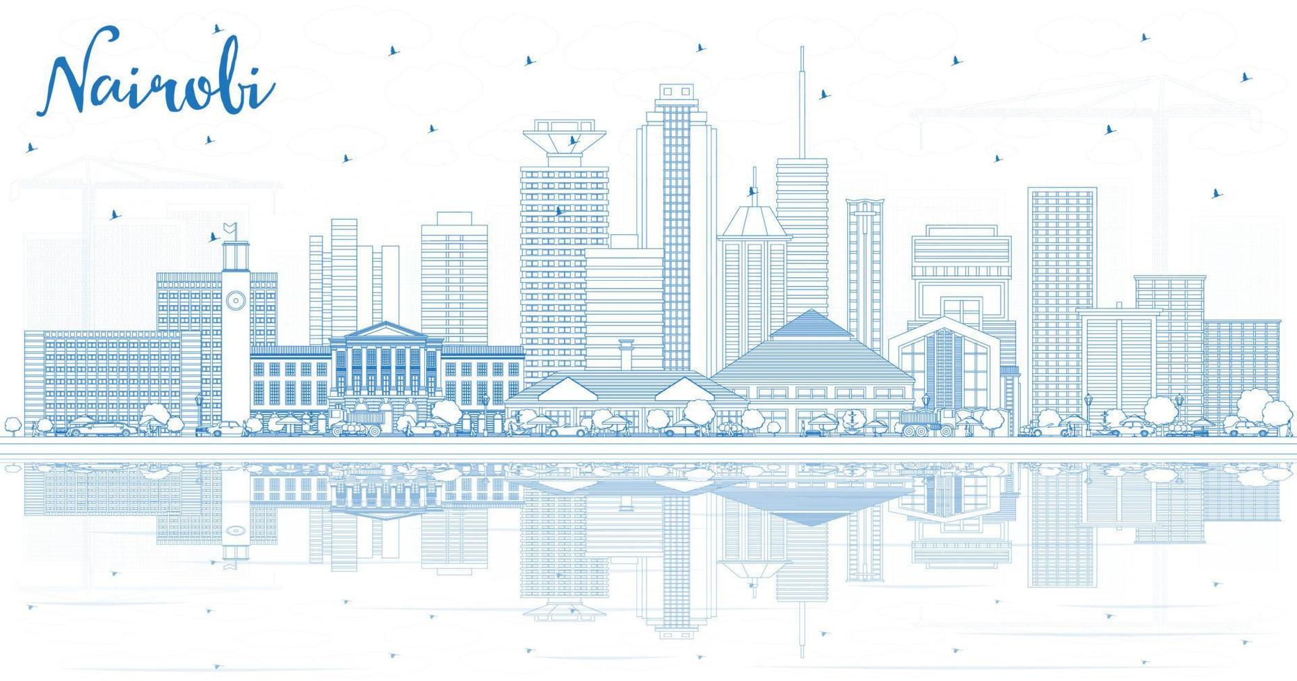 Outline Nairobi Kenya City Skyline with Blue Buildings and Reflections. vector