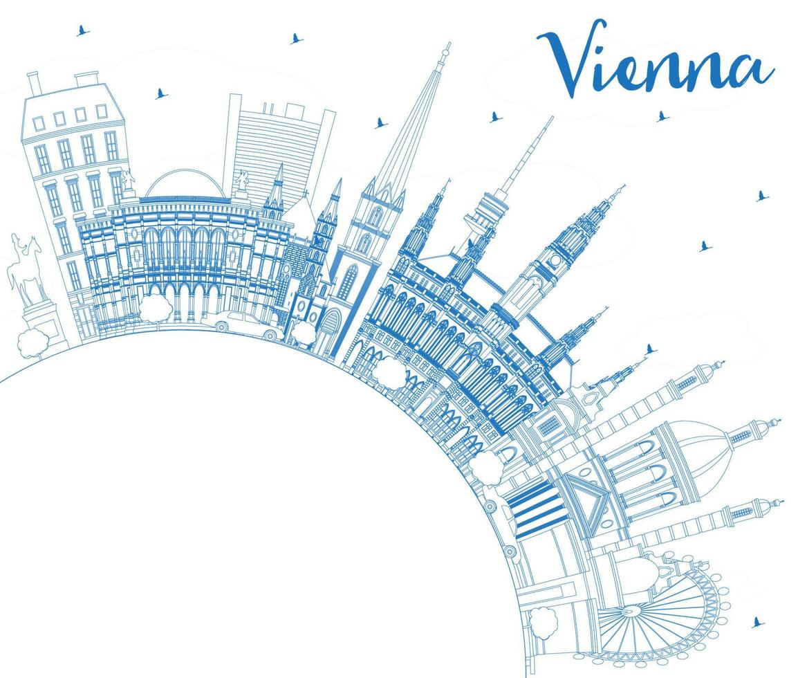 delinee el horizonte de la ciudad de viena austria con edificios azules y copie el espacio. vector