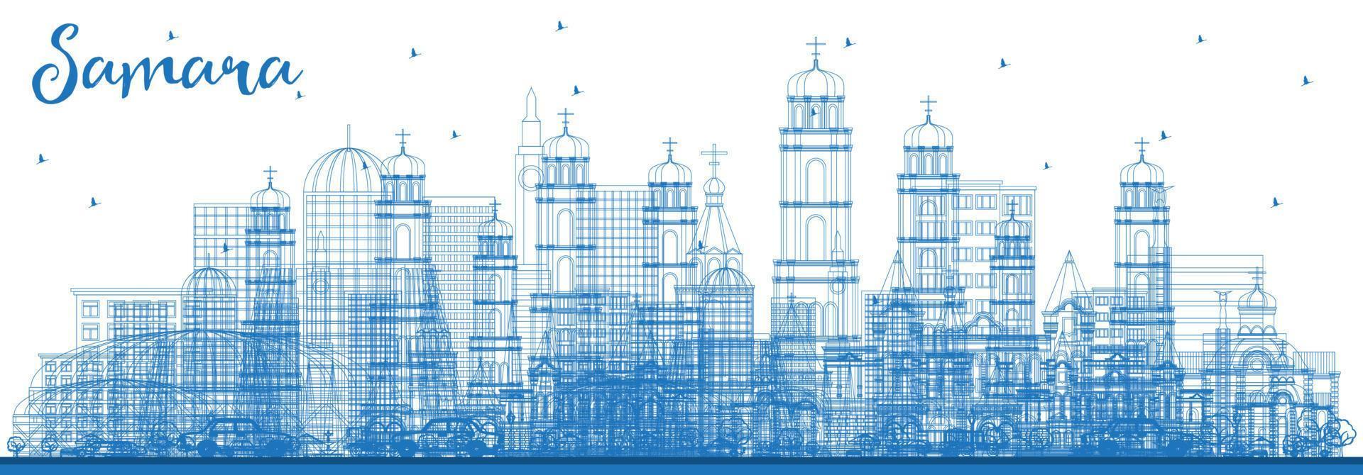 delinear el horizonte de la ciudad de samara rusia con edificios azules. vector