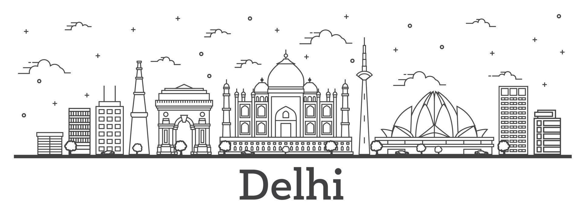 delinear el horizonte de la ciudad de delhi india con edificios históricos aislados en blanco. vector