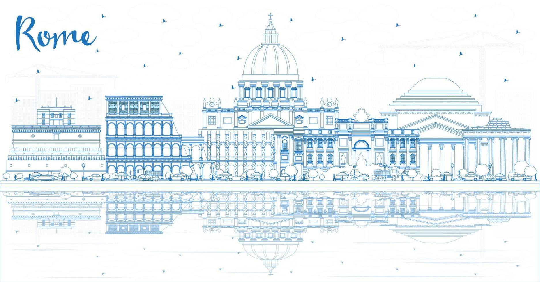 Outline Rome Italy City Skyline with Blue Buildings and Reflections. vector