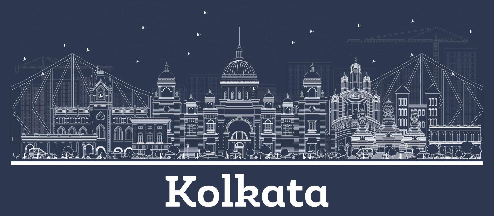 delinear el horizonte de la ciudad de kolkata india con edificios blancos. vector